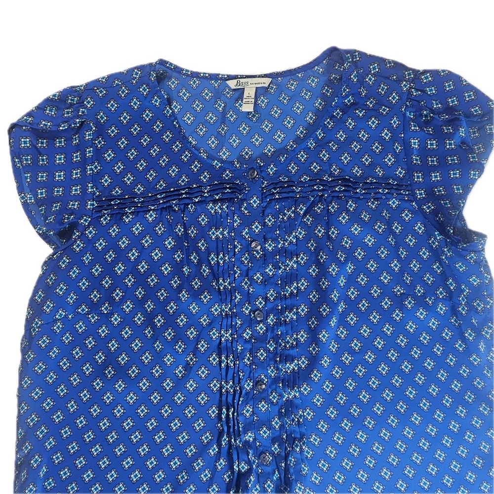 G.H. Bass‎ Shirt Womens Large Blue Geometric Pintuck Cap Sleeve Button Front
